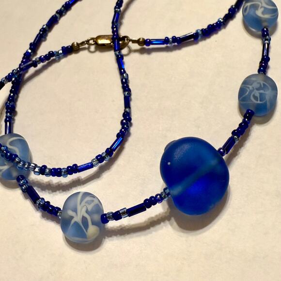 Painted Blue Sea Glass Hand Crafted Beaded Necklace - Picture 5 of 8
